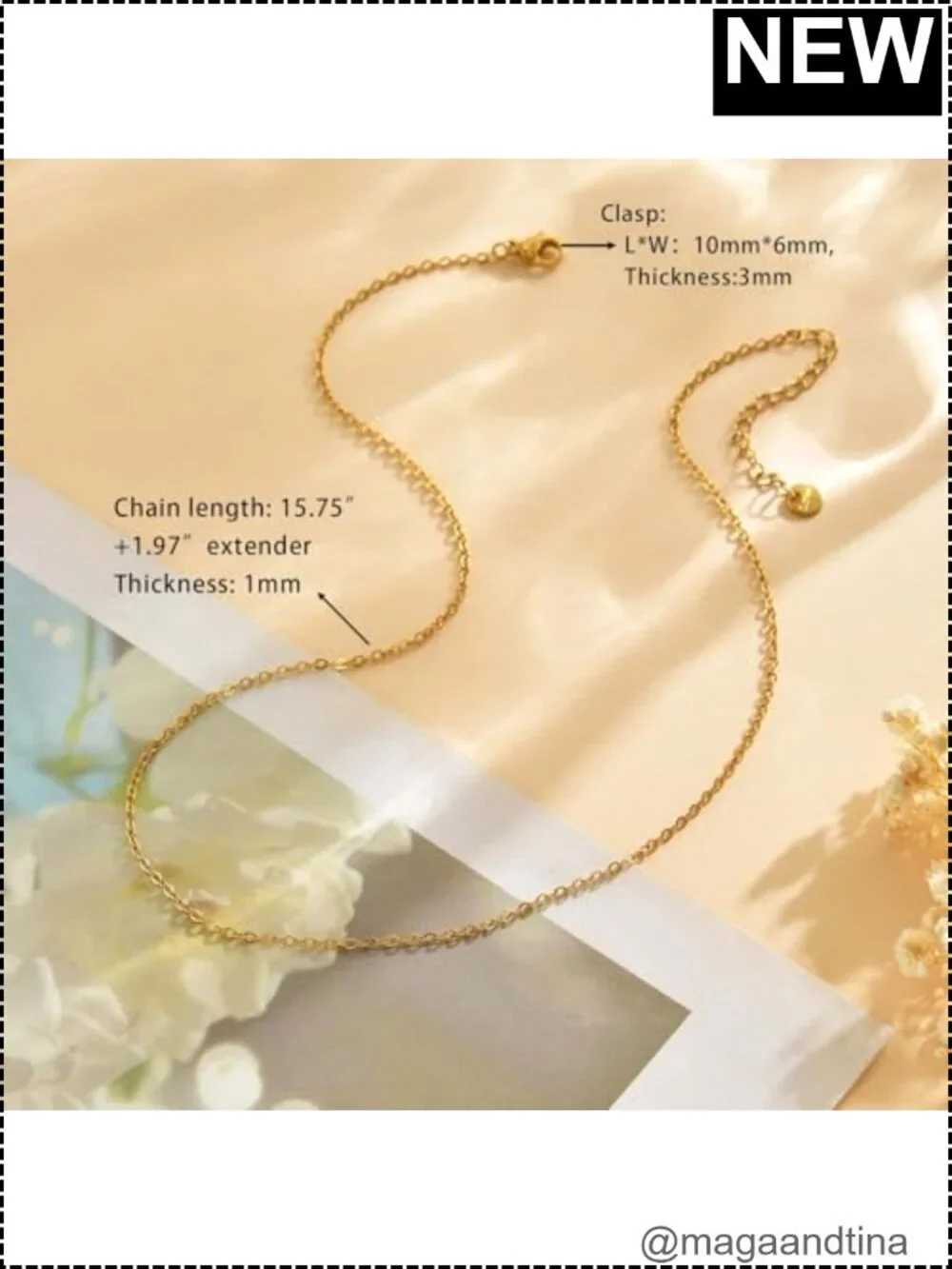Dainty 18K Gold Plated Chain Necklace for Women - Cable Chain, 16 inch